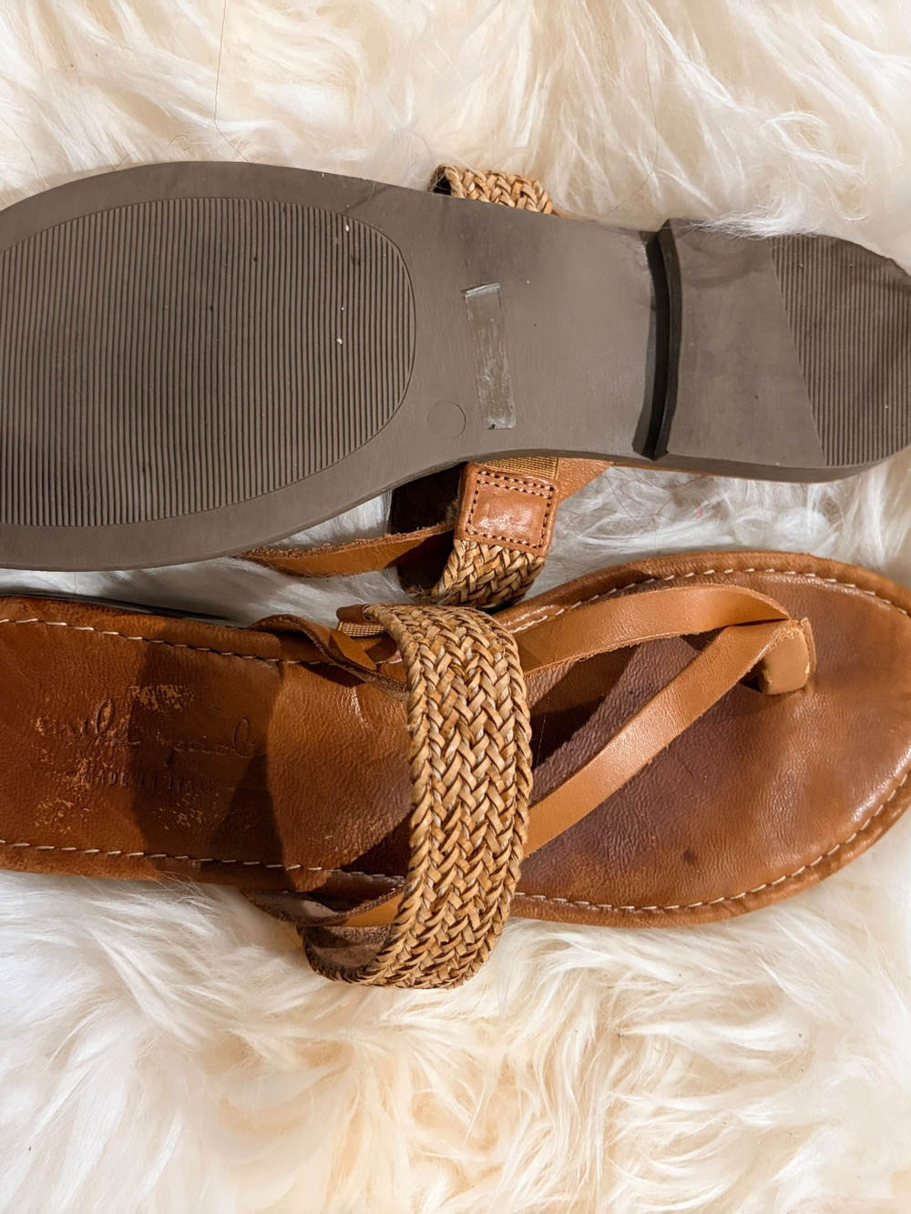 Braided Leather Sandals in Cognac Brown